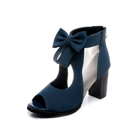 

UKAP Women Dress Sandal Bowknot Heeled Sandals Chunky Heel High Heels Block Pumps Ladies Beach Fashion Blue 8