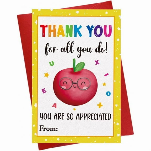 Thank You Card for Teachers – Cute Apple Design with Glasses – Perfect Appreciation Card for Educators – Blank Inside with Red Envelope Included