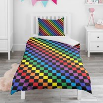 Rainbow Checkerboard Duvet Cover and Pillowcase Set for Single Bedding, Bedroom Accessories for Kids Teens