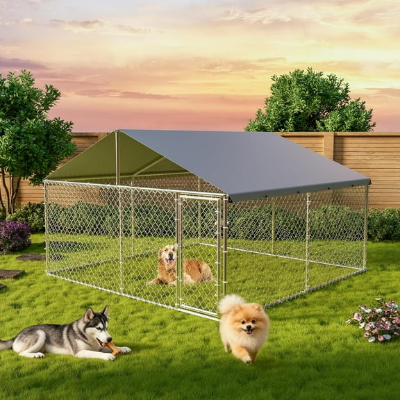Senfot Outdoor Dog Kennel with Roof, Galvanized Steel Dog Enclosure, Waterproof & UV-Resistant Cover, Large Dog Crate for Outdoor Backyard, 10x10x6ft
