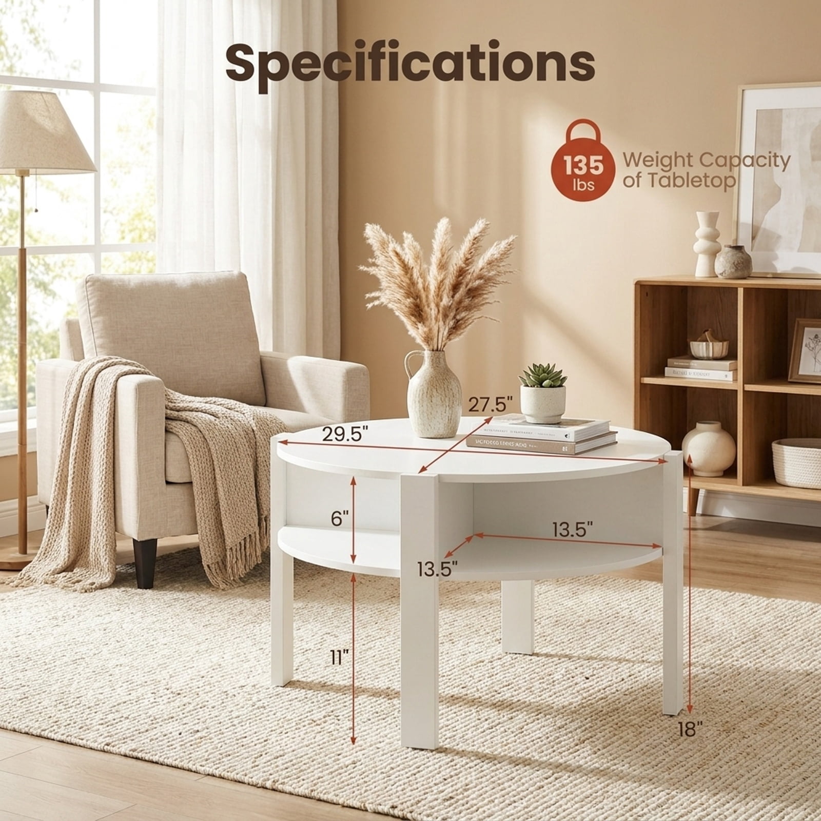 Furnibear 29.5 Inch Round Coffee Table with Side Storage Shelves and Open Base a Compact Living Room Center Table for Small Spaces, White