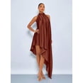 thumbnail image 3 of Brown Satin Halter Neck Asymmetrical Maxi Dress, Sleeveless, Backless, Elegant Party & Evening Wear, 3 of 6