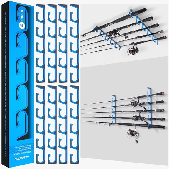 Horizontal Fishing Rod Pole Holder for Wall or Ceiling Mount Aluminum Rack Holds Up to 20 Rods or Combos Blue 4-Pack