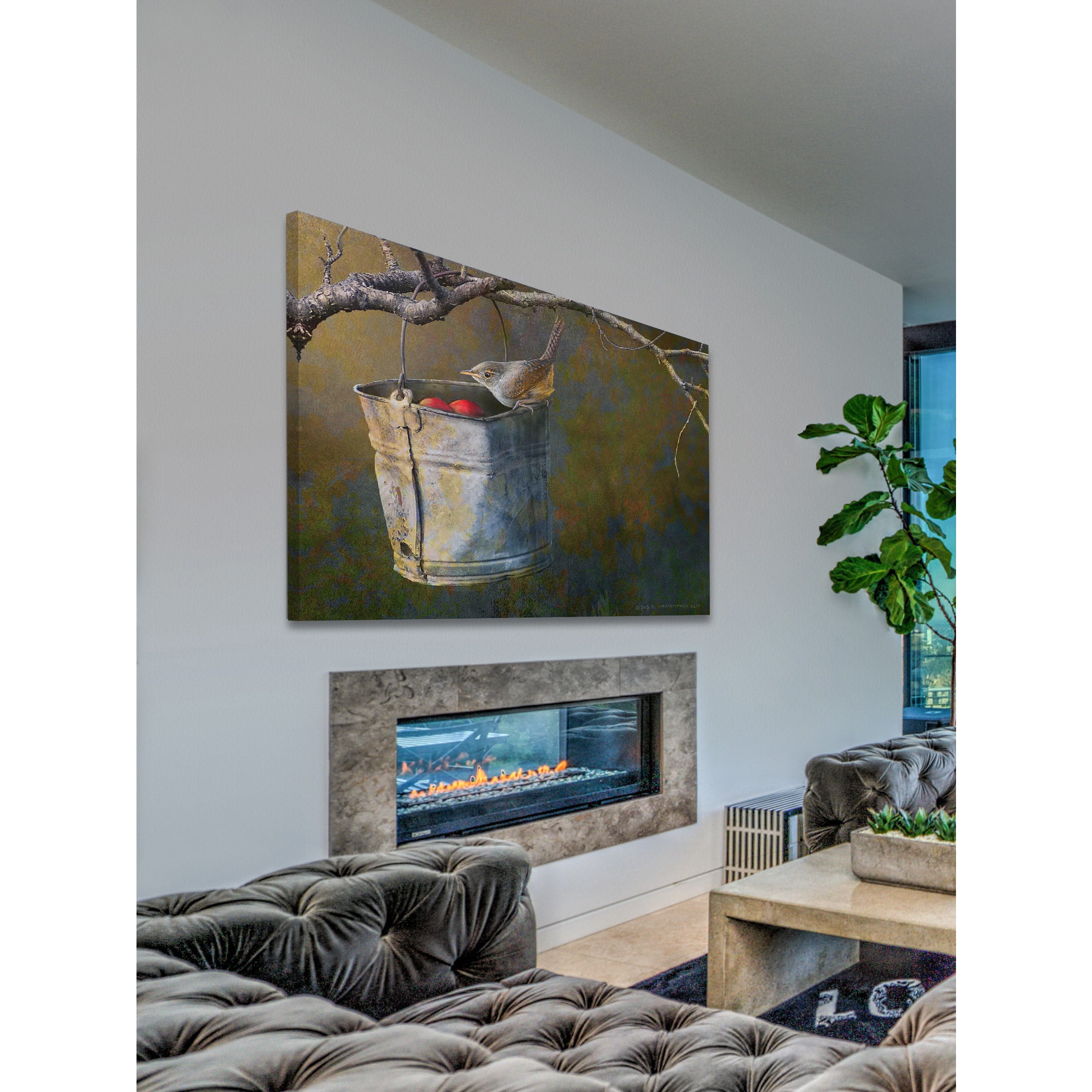 "Apple Bucket Wren" Painting Print on Wrapped Canvas