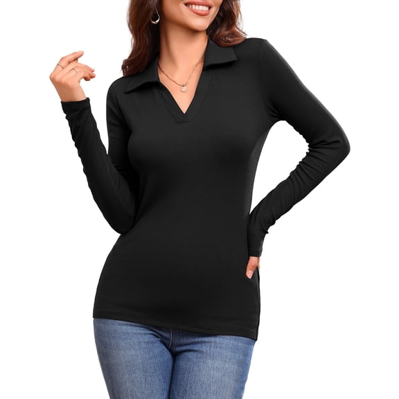 JYLFC Women's Long Sleeve Polo V Neck T Shirts Fall Ribbed Knit Slim Fitted Collared Tops, Black XL