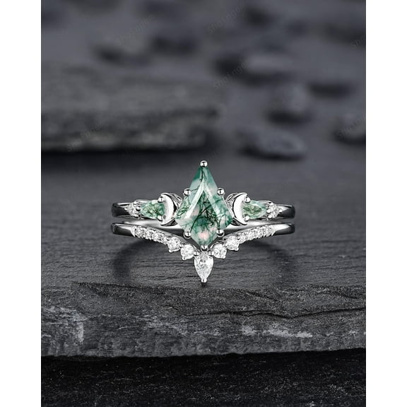 Kite Shape Moss Agate Crescent Engagement Ring Set, Nature Inspired Sterling Silver Moon Wedding Promise Ring Anniversary Gift for Women