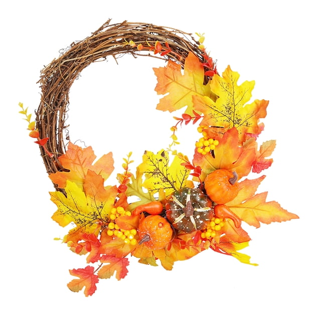 de otoño, de otoño, artesanía artificial realista, bricolaje para decoración del hogar, halloween, navidad Guirnalda de puerta de 34x27cm con base de ratán y espuma; vista frontal circular, mitad inferior adornada con hojas de arce multicolor (amarillo, naranja, rojo), calabazas simuladas y bayas amarillas, ramas entrelazadas en la parte superior; ideal para decoración de hogar, festividades y árbol o pared interior.