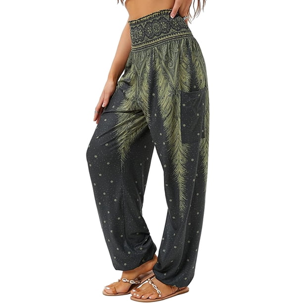 Pantalones harén para mujer, pantalones bohemios de yoga de cintura alta con bolsillos lavables a máquina