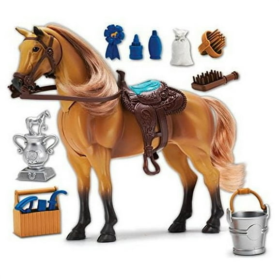 Sunny Days Entertainment Quarter Horse with Moveable Head Realistic Sound and 14 Grooming Accessories Blue Ribbon Champions Deluxe Toy Horses