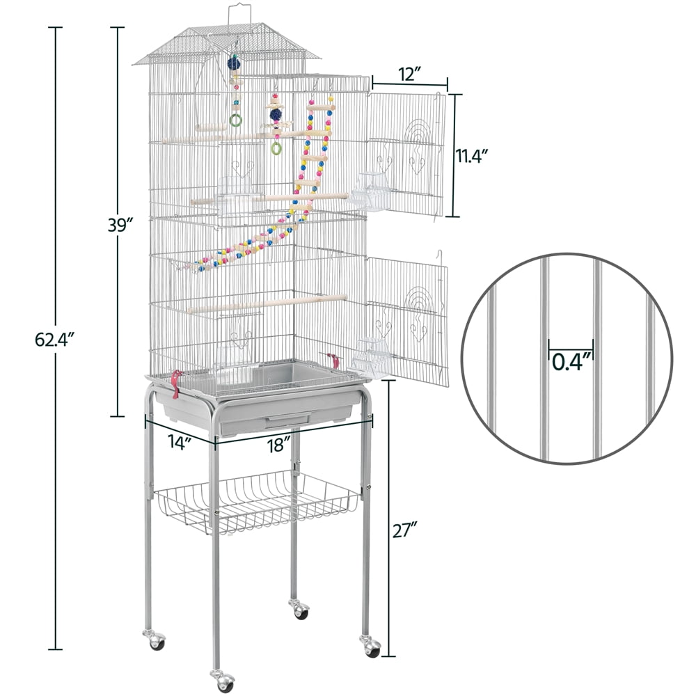 Renwick 62" Metal Rolling Bird Parrot Cage Detachable Stand, Light Gray