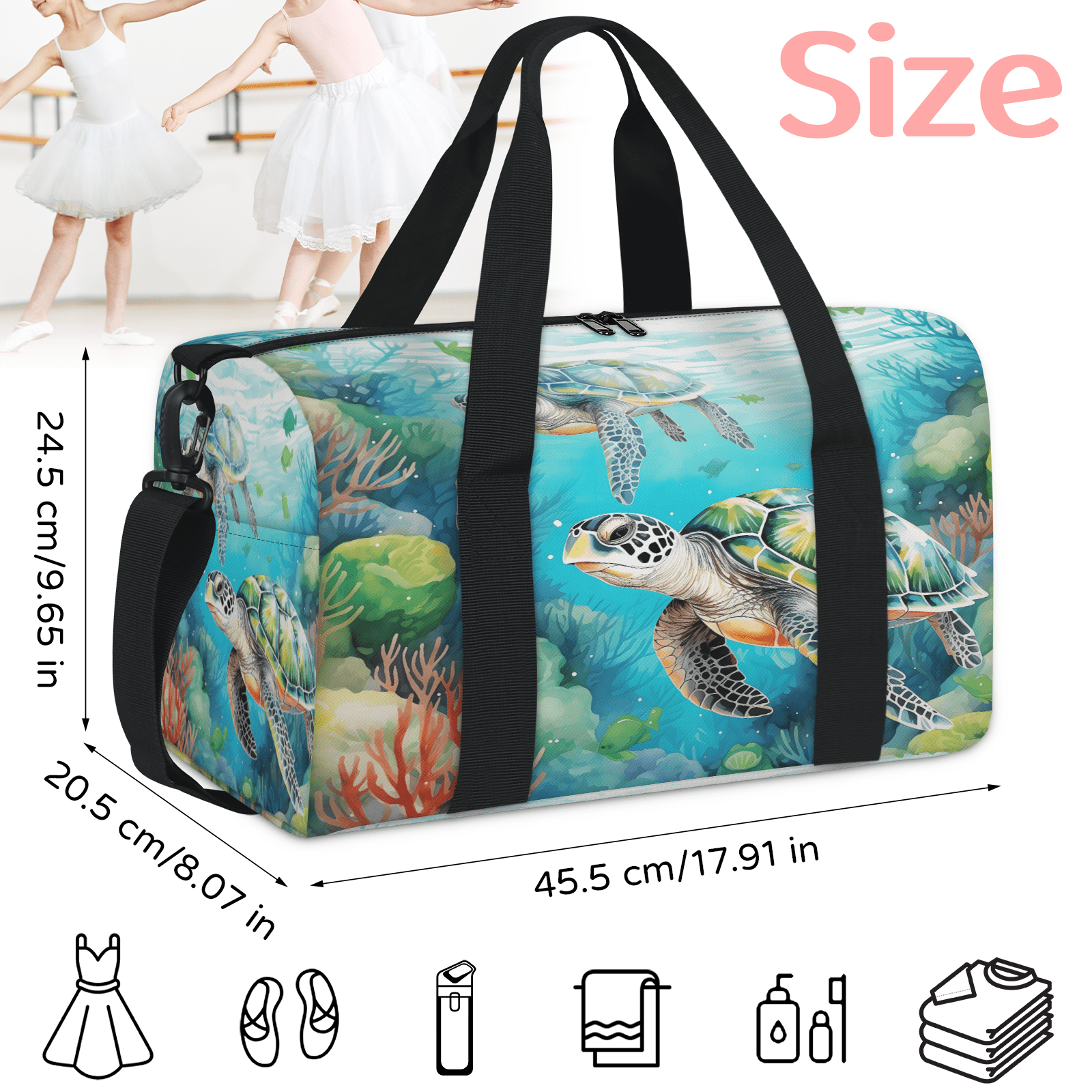 Herdesigns Sea Turtles Gym Bag for Women, Duffle Bag for Travel Sport, Lightweight Waterproof Carry on Weekender Overnight Dance Yoga Workout Bags