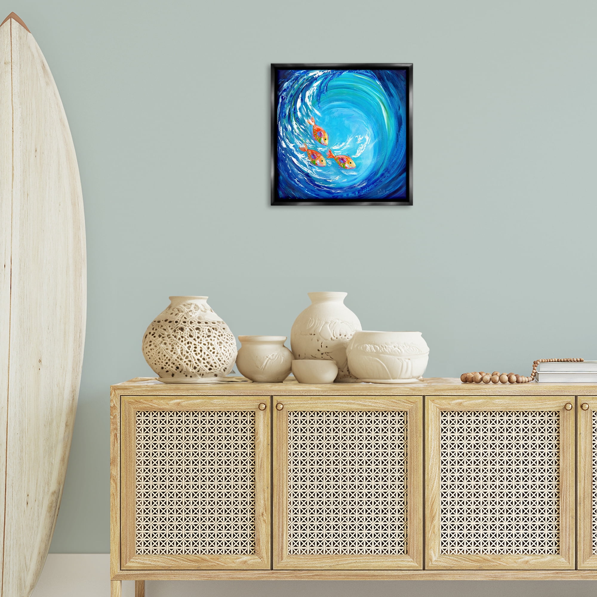 Stupell Industries Into The Blue Fish Landscape Painting Black Floater Framed Art Print Wall Art, 18 x 18