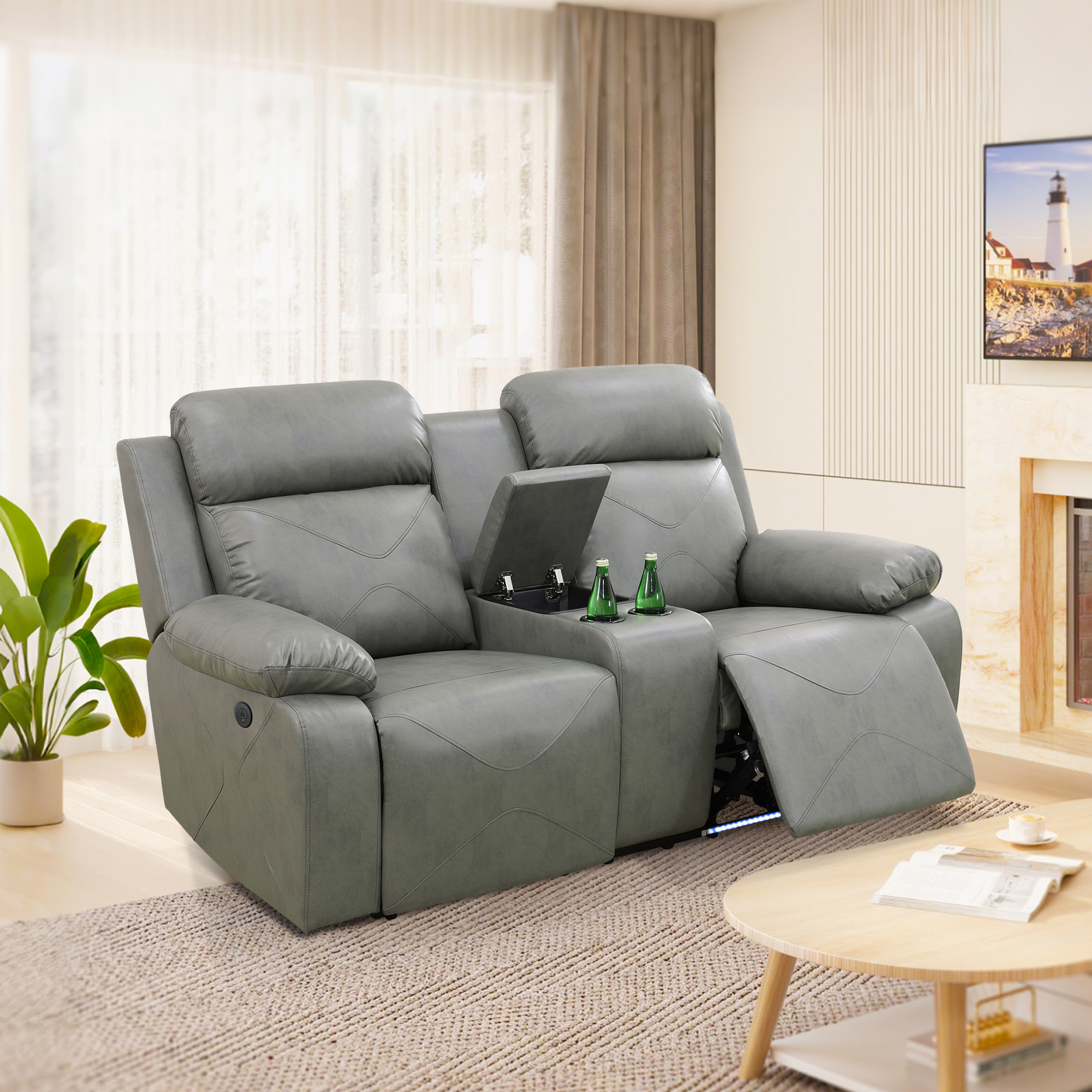 Gewnee Silver Gray Loveseat with Console & Cup Holders,Air Leather & High-Elastic Sponge, Adjustable Recline for Living Room Relaxation