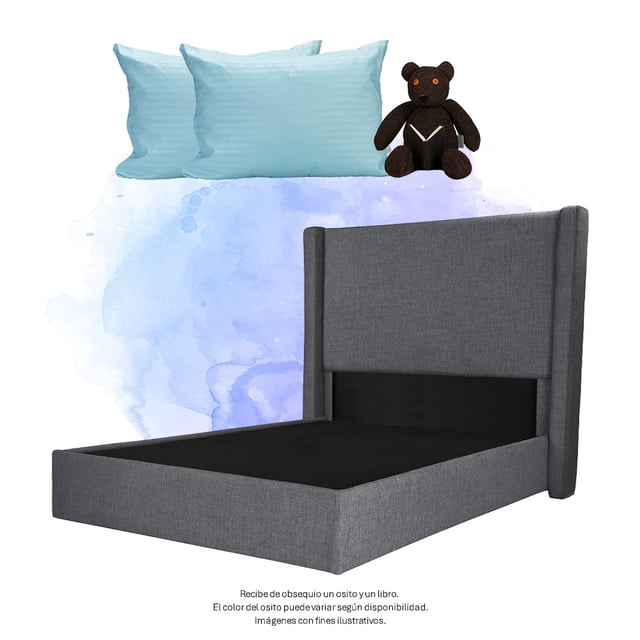 Recámara Matrimonial Planx Gris Carbón con Cabecera + Base Cama + 2 Almohadas Trinity + Osito + Libro