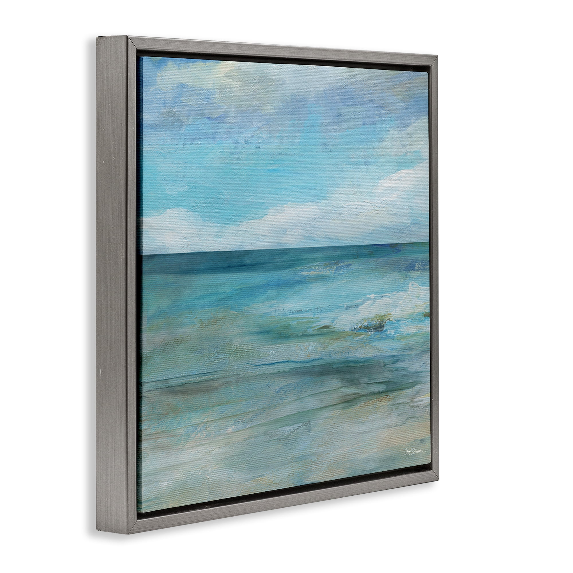 Stupell Industries Aqua Ocean Horizon Abstract Gray Framed Floater Canvas Wall Art, design by Carol Robinson