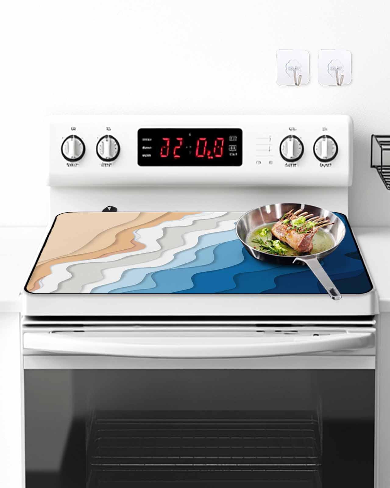 Stove Top Covers for Electric Stove, Blue Geometric Beach Glass Stovetop Cover Protector, Ombre Waves Moire Abstract Art Induction Cooktop Protector Oven Mat for Kitchen Countertop 36"x21"