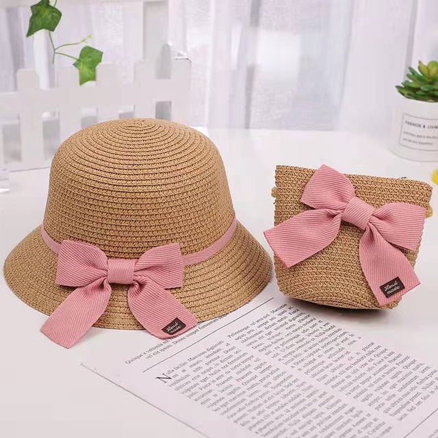 Sombrero de sol para niños, sombrero de sol para niñas, sombrero de paja de verano, conjunto de bolso pequeño, sombrero de pescador con protector solar de verano para playa de princesa