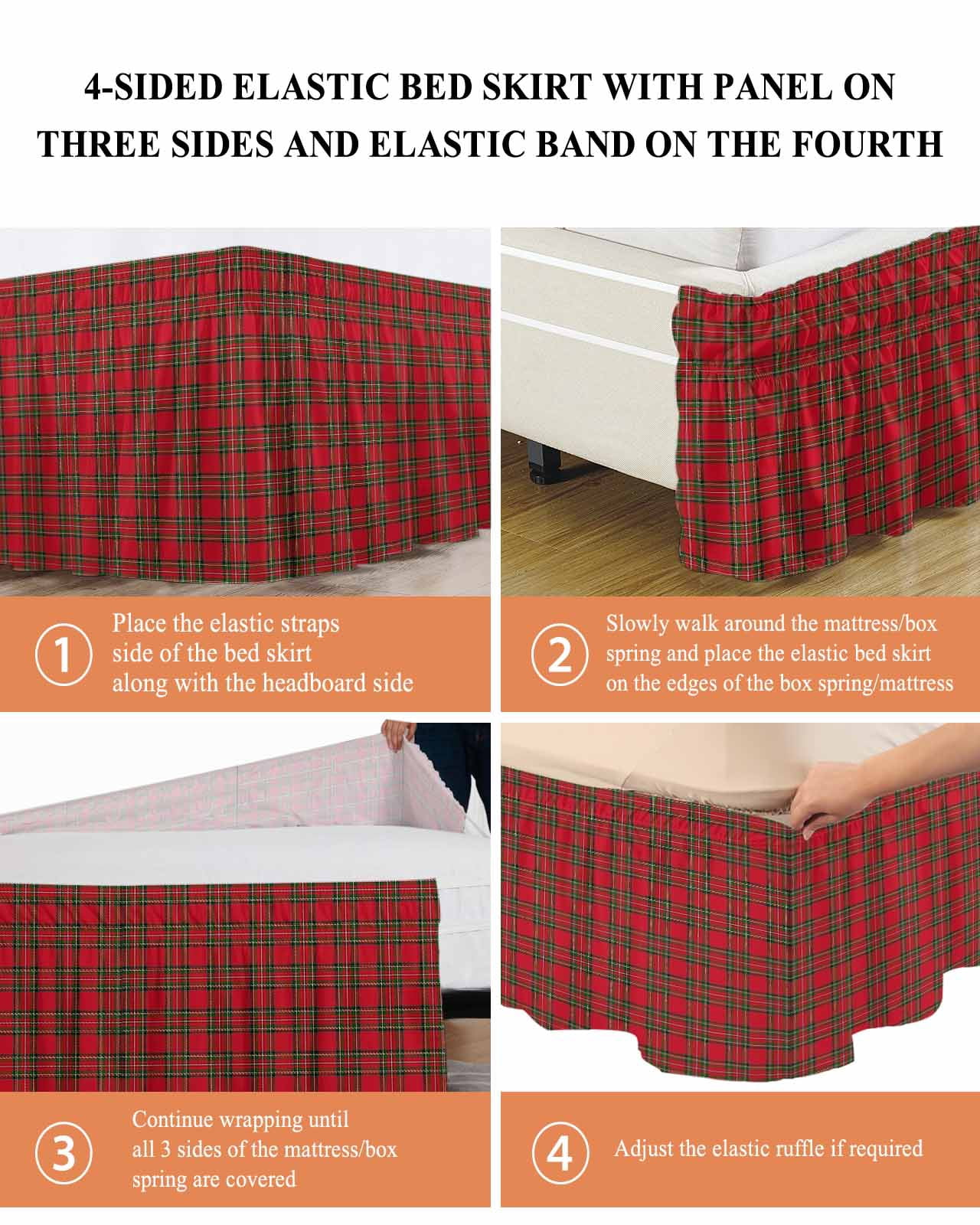 Christmas Red Bed Skirt King Size 16&nbsp;Inch Drop, and Green Buffalo Plaid Wrap Around Dust Ruffle Bedskirts, Wrinkle & Fade Resistant Easy Fit Bedskirt with Adjustable Elastic
