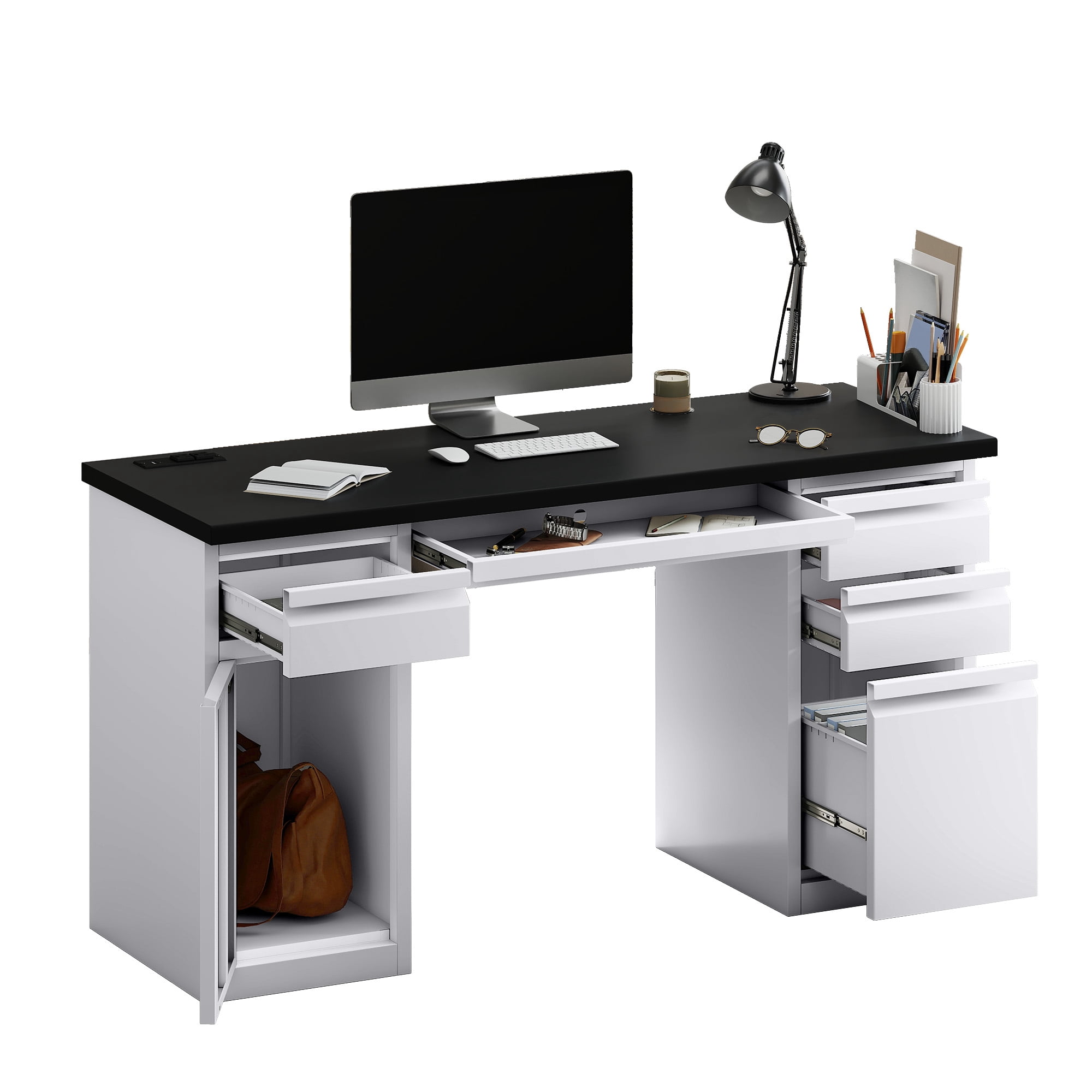 Uforic Metal Computer Desk with Drawers & Keyboard Tray, Office Desk with Power Outlets & File Storage, White