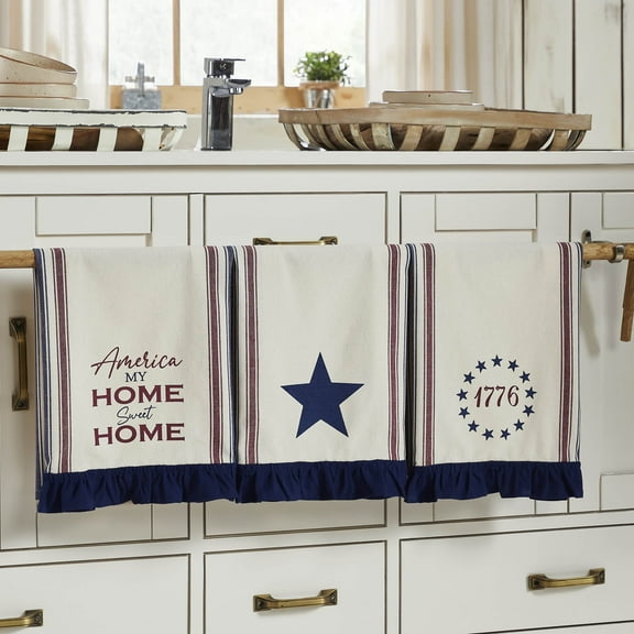 VHC Brands Celebration America My Sweet Home Ruffled Tea Towel Set of 3 16x28