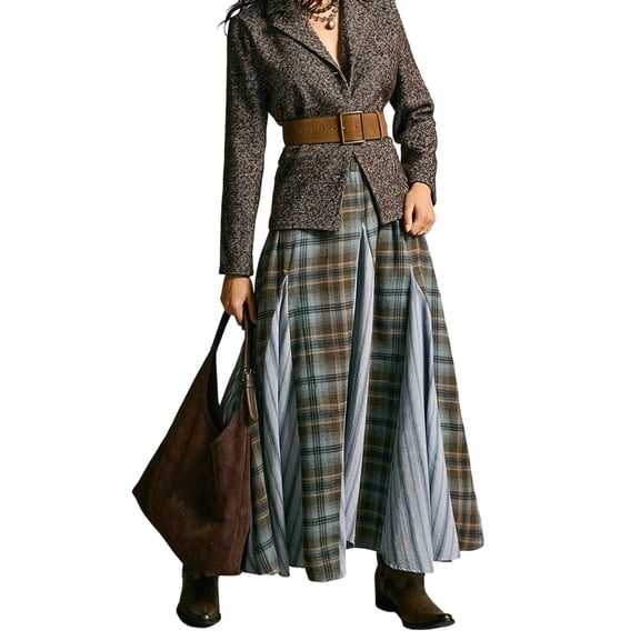 Women Vintage Plaid Patchwork Maxi Skirt Elastic High Waist Flowy Western Casual Long Skirt Multicolor S