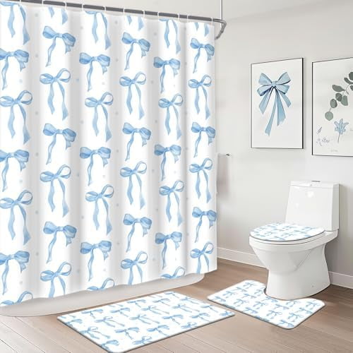 Blue Bow Shower Curtain Sets 4 Pcs for Girls Coquette Bow Bath Curtain Set with Shower Curtain,Non-Slip Rug,Toilet Lid Cover, Bath Mat and 12 Hooks Pretty Modern Aesthetic Bathroom Decor