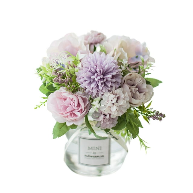 Transemion 2pcs Eco-friendly And Easy To Clean Silk Hydrangea Fake Flowers In Vase For Sustainable Styling Faux Flowers In Vase Peony purple+white 1Set