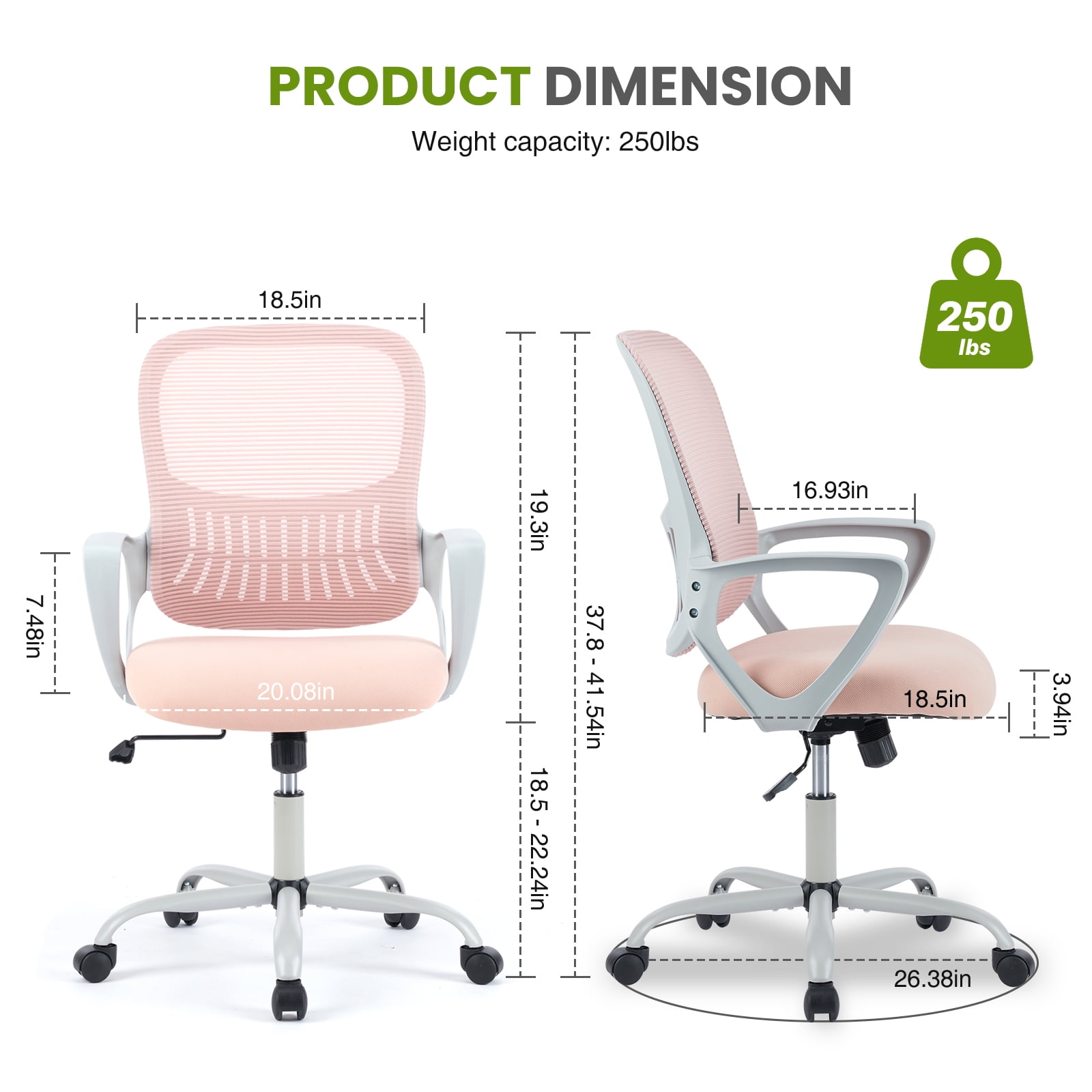 JOINSUN Ergonomic Mesh Office Chair with Armrests, Wheels, Mid-Back, Lumbar Support for Home, Pink