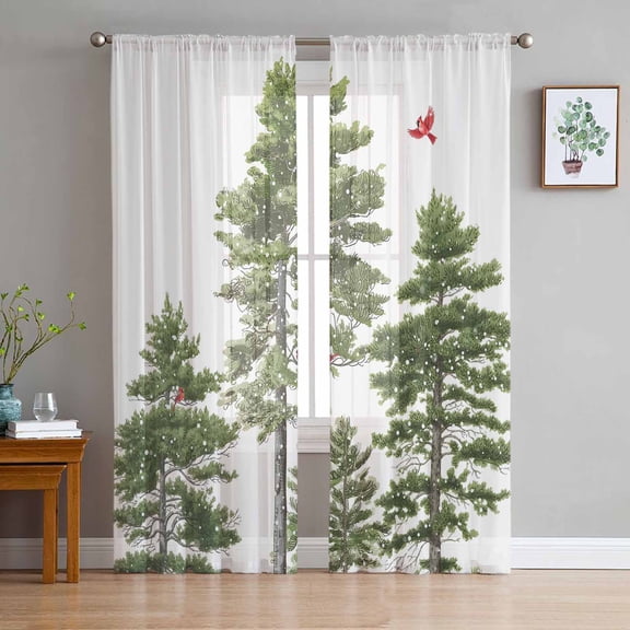 Christmas Sheer Curtains 72 Inches Long, Farmhouse Winter Pine Tree Cardinal Snowflake Light Filtering Window Curtains for Living Room, Rod Pocket Voile Sheer Curtain Drapes, 52"Wx72"L, 2 Panels