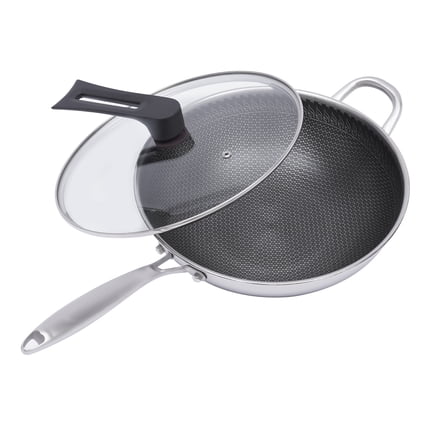 ChicHomey Wok Edelstahl Wok mit Deckel Lange Griff Antihaft Kratzfest Pfanne Kochen 30cm