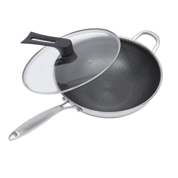 ChicHomey Wok Edelstahl Wok mit Deckel Lange Griff Antihaft Kratzfest Pfanne Kochen 30cm