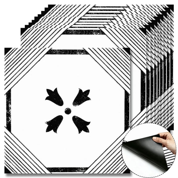 10 Pcs Hexagon Striped Four-Petal Peel and Stick Floor Tiles, 12x12 In Covers 10 Sq.Ft, Self-Adhesive DIY Vinyl Flooring, Removable Waterproof, Ideal for Kitchen, Bathroom, Bedroom, Home Walls