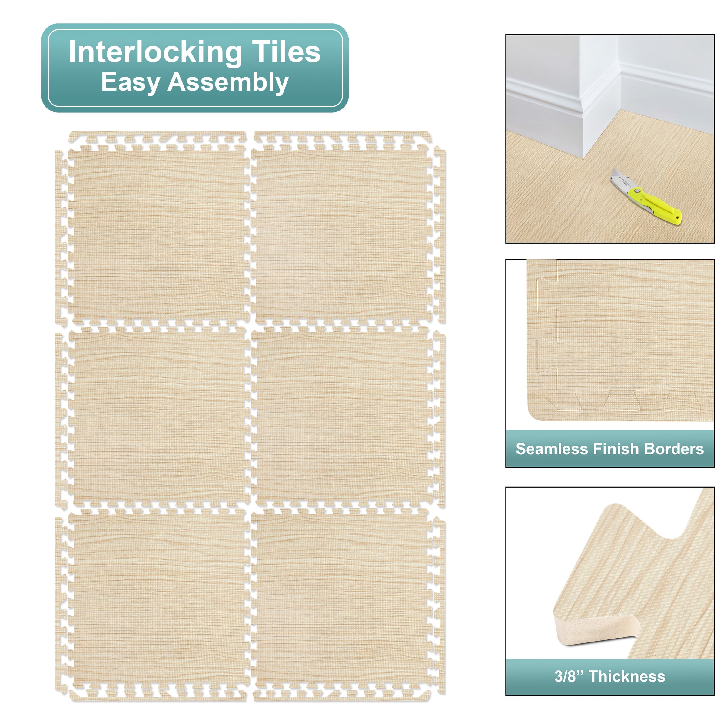 Sorbus 48 Sq. Ft. Wood Grain Foam Floor Tiles 3/8-Inch Interlocking Mats w/Borders