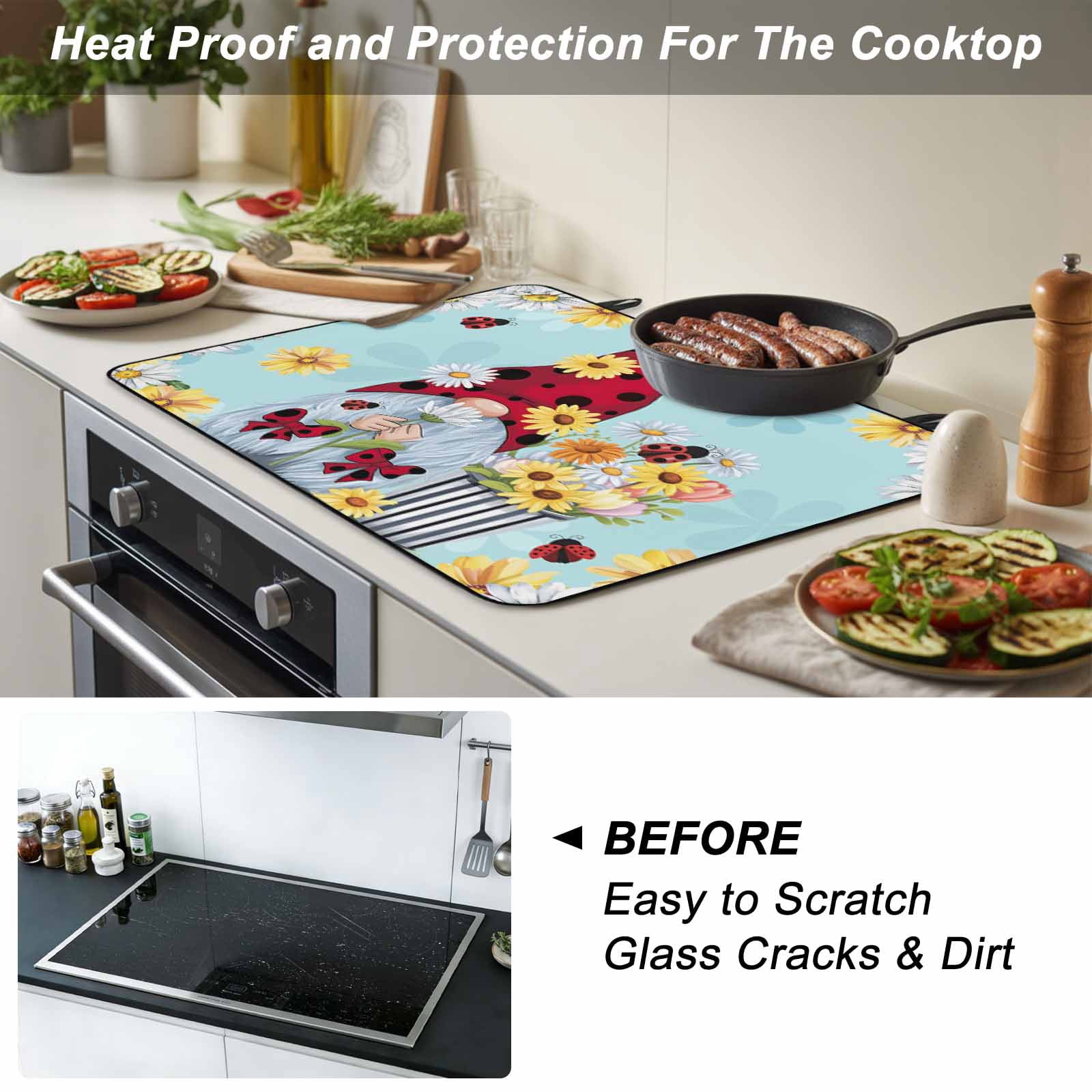 Aqua Gnomes Daisy Stove Top Cover for Electric Stove, Heat-proof & Non Slip Glass Top Stove Cover Protector, Pastoral Country Garden Floral Kitchen Flat Cooktop Rubber Mat 24x21 Inches
