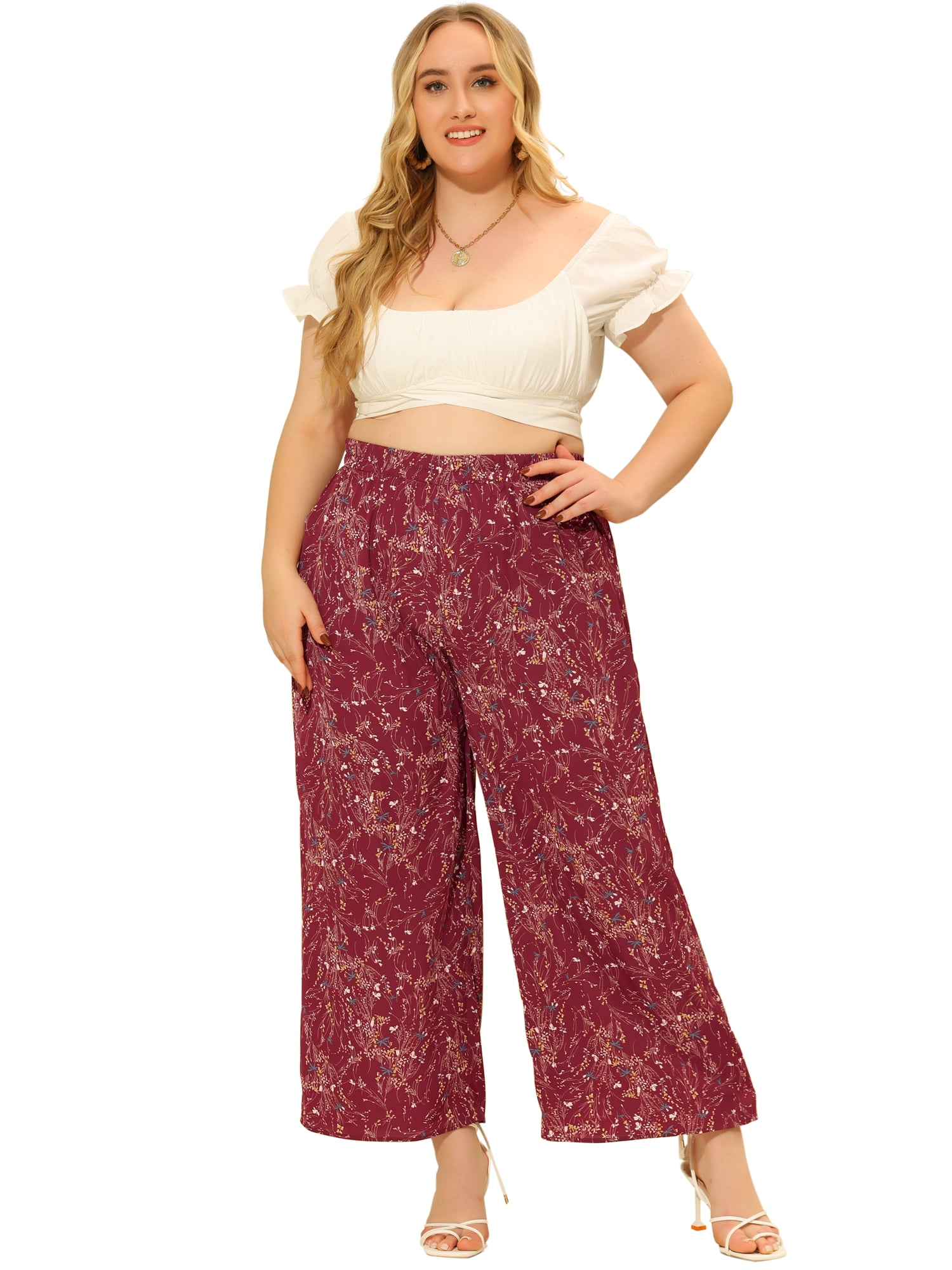 DARING DIVA Women's Plus Palazzo High Waist Wide Leg Pant with Pockets 4X Red