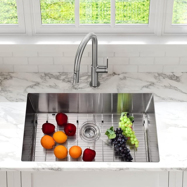 33x18 In Undermount Kitchen Sink 16 Gauge 304 Stainless Steel Single Bowl 10 In Deep Flat Bottom with Grid and Drain Kit