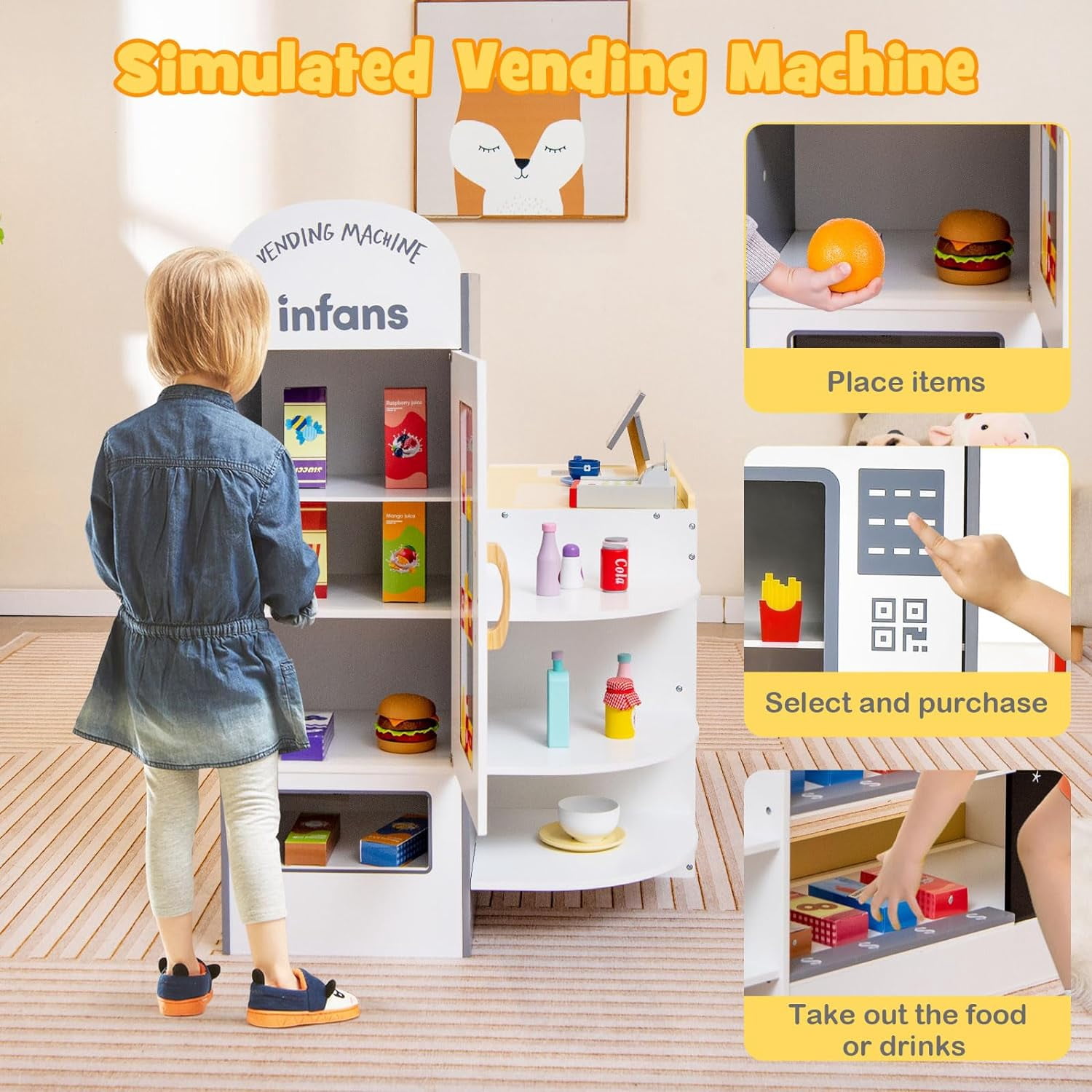 OLAKIDS Kids Grocery Store Playset, Wooden Supermarket Toy Set with Cash Register, Vending Machine, Play Food Accessories, Blackboard, Pretend Play Store Gift for Toddler Boys Girls (Grey)