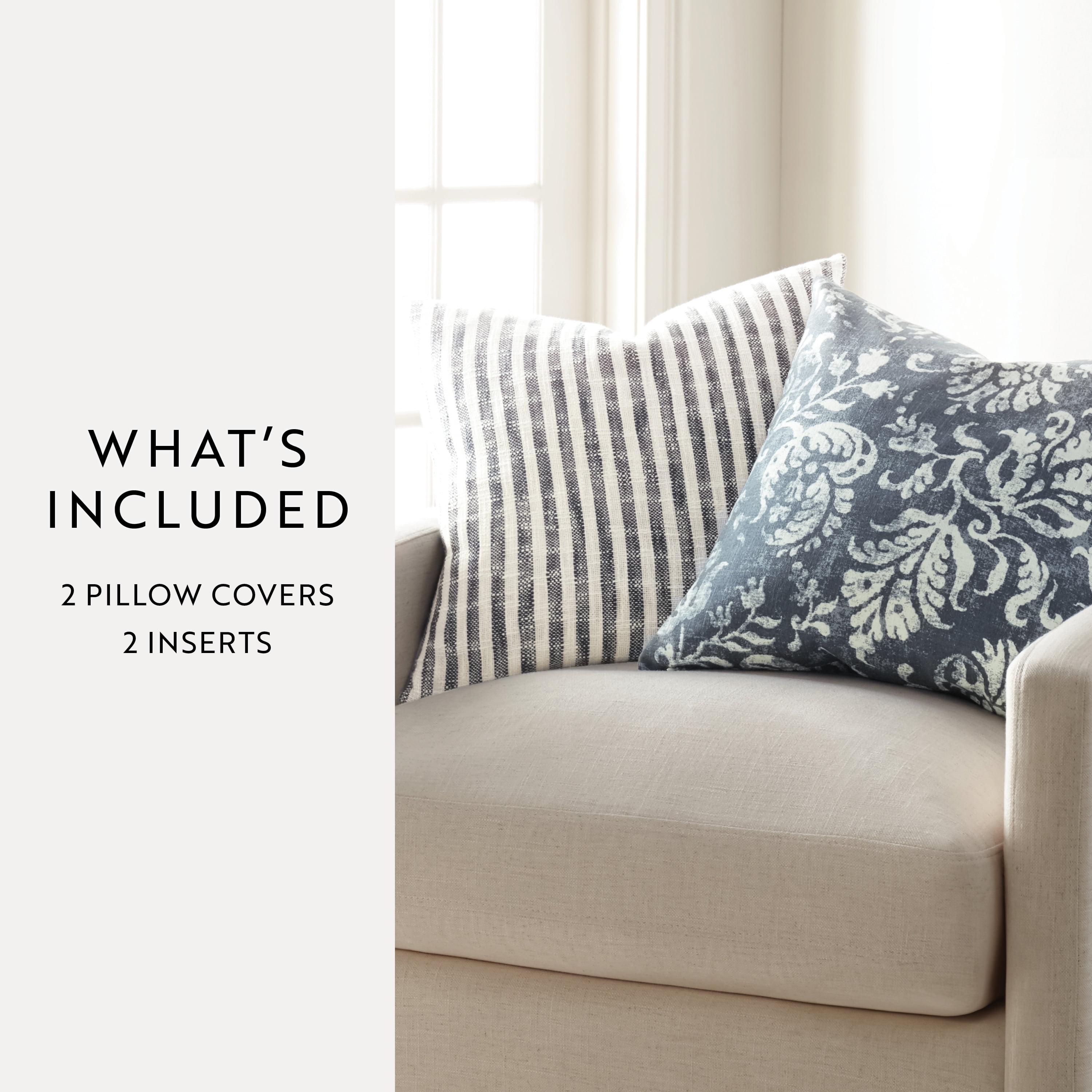 Noble Linens 2-Pack Decor Throw Pillows Floral Navy and Yarn-Dyed Bengal Stripe