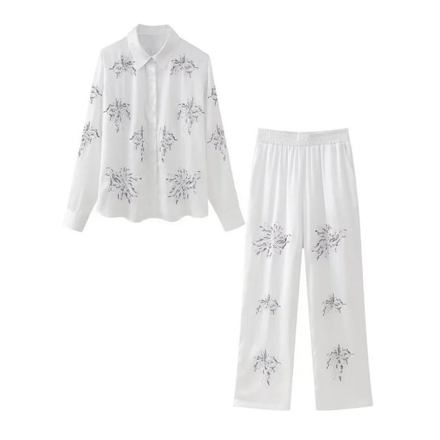 Ensemble Chemise à Sequins Décontractée pour Femmes Chic Col à Revers Manches Longues Pantalon Taille Élastique Ensemble de Printemps