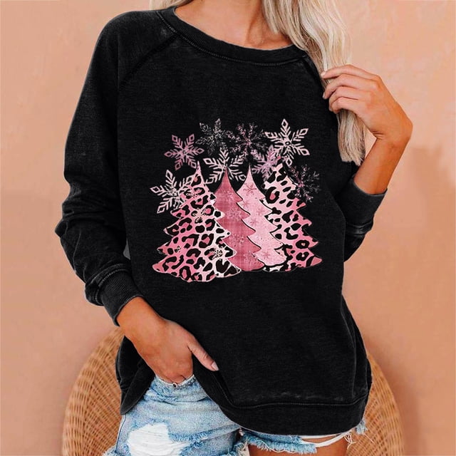 Meichang Christmas Shirts for Women Pink Leopard Xmas Tree Graphic T Shirts Raglan Long Sleeve Crew Neck Pullover Holiday Distressed Washed Sweatshirts