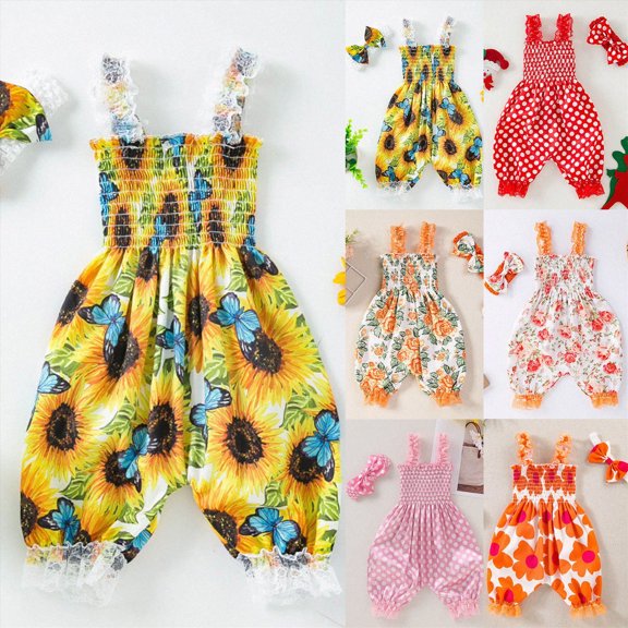 Splozh Toddler Rompers 3 6 9 12 18 24 Months Baby Girls Lace Jumpsuit Hair Accessories Set Cute Jumpsuit Romper,Yellow,3-6 Months