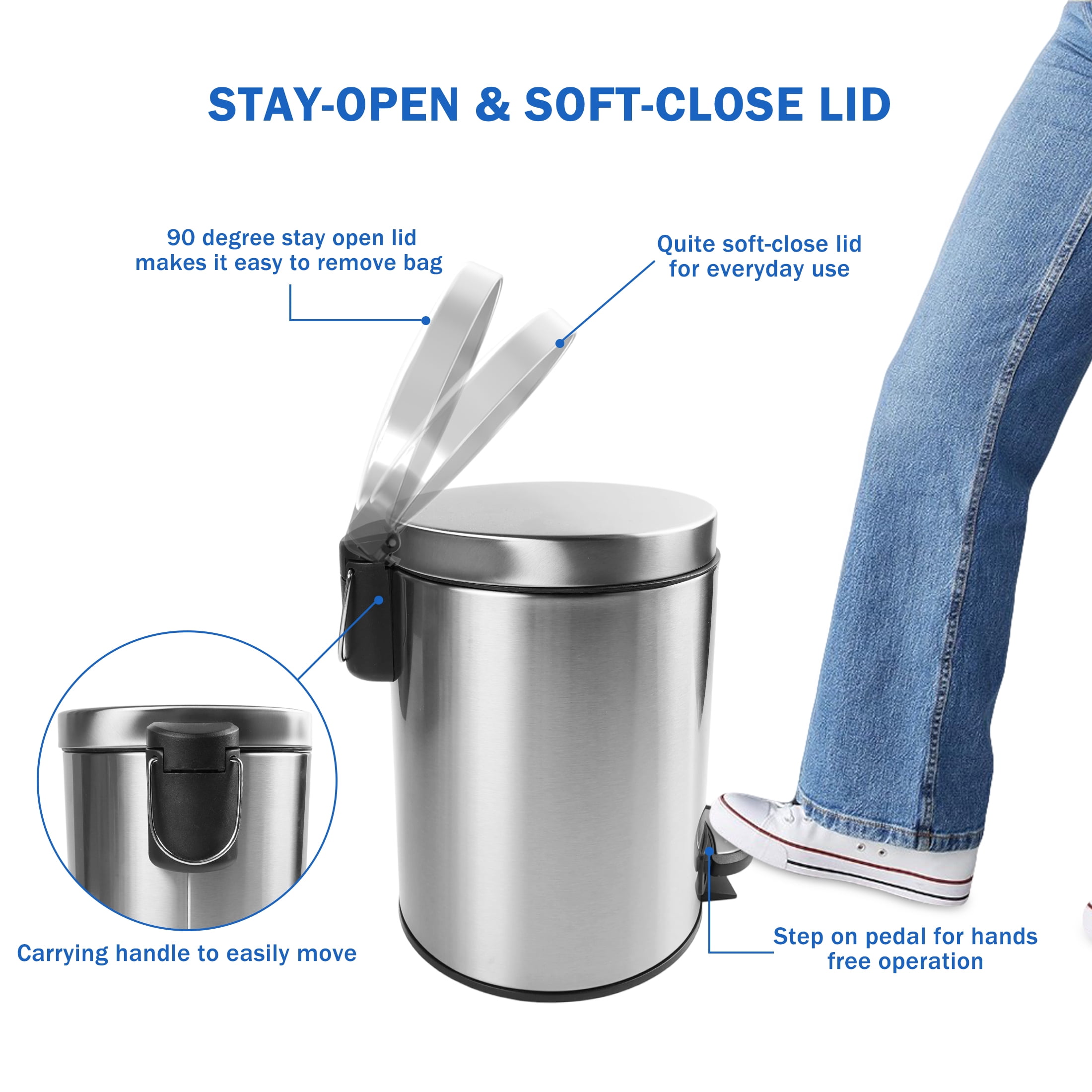 Koomade 2 Pack Bathroom Kitchen Trash Can, 1.3 Gallon Stainless Steel Step Round Garbage Bin, Silver