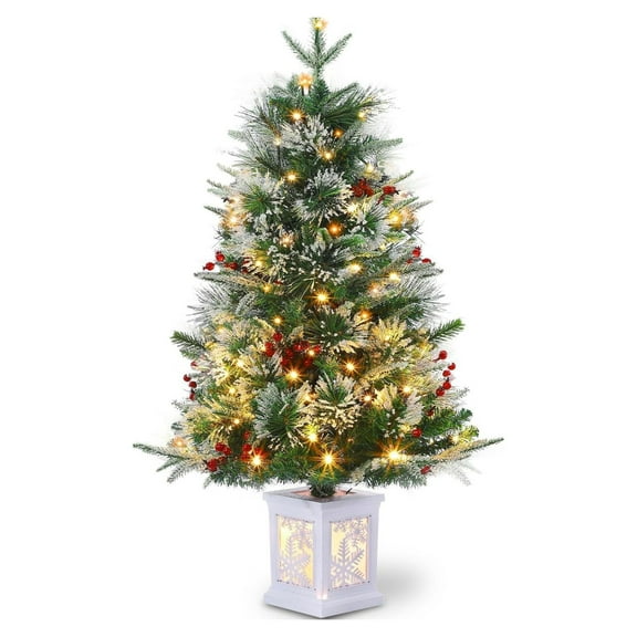 3 Ft Mini Christmas Tree with 70 Warm White Led, 8 Mode Xmas Pine Tree for Christmas Decoration, Party Decoration, Home, Office, Snow Flocked White Base