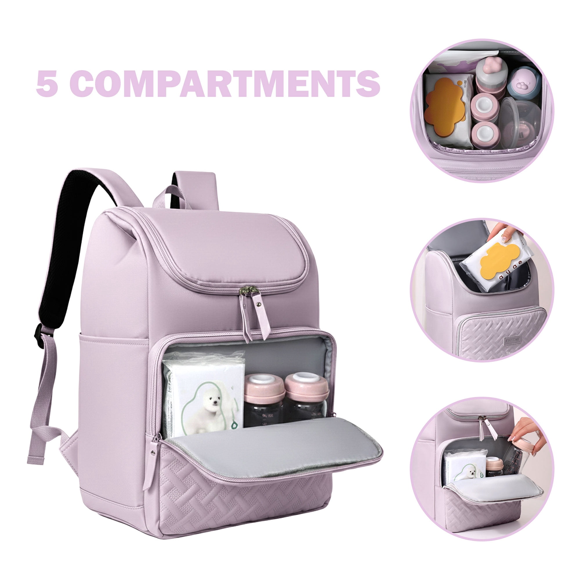 DEFAHN Diaper Backpack, 2 Thermal Pockets + Side Holders, 20L Simple Open Design,0.9lb Baby Bag for Travel & Daily Use（Purple)