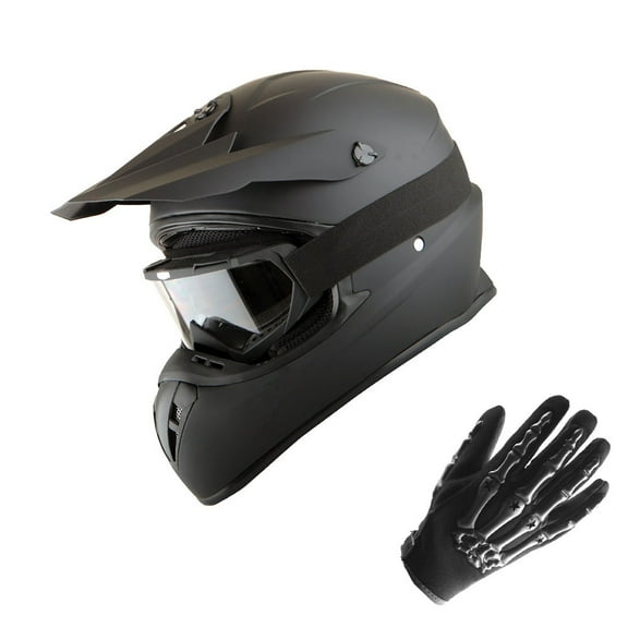 1Storm Adult Motocross Helmet BMX MX ATV Dirt Bike Downhill Mountain Bike Helmet SC09S Monster Shark Matt Black;   Goggles   Skeleton Black Glove Bundle