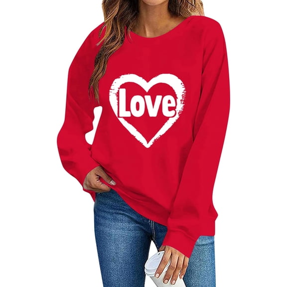 Women's Valentine's Sweatshirt Long Sleeve Bow Print Crewneck Pullover Top for Romantic Red-1 XS