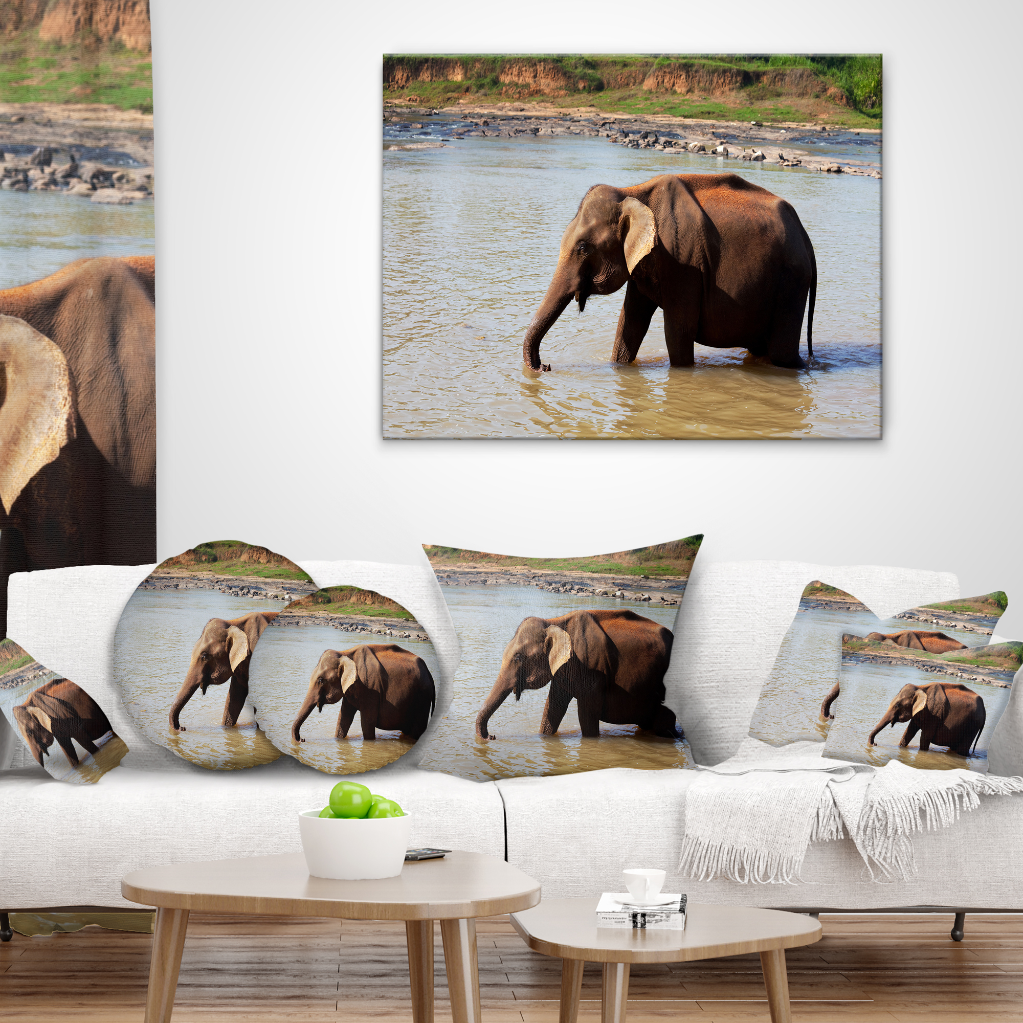 Designart Elephant in Water in Sri Lanka - African Throw Pillow - 18x18