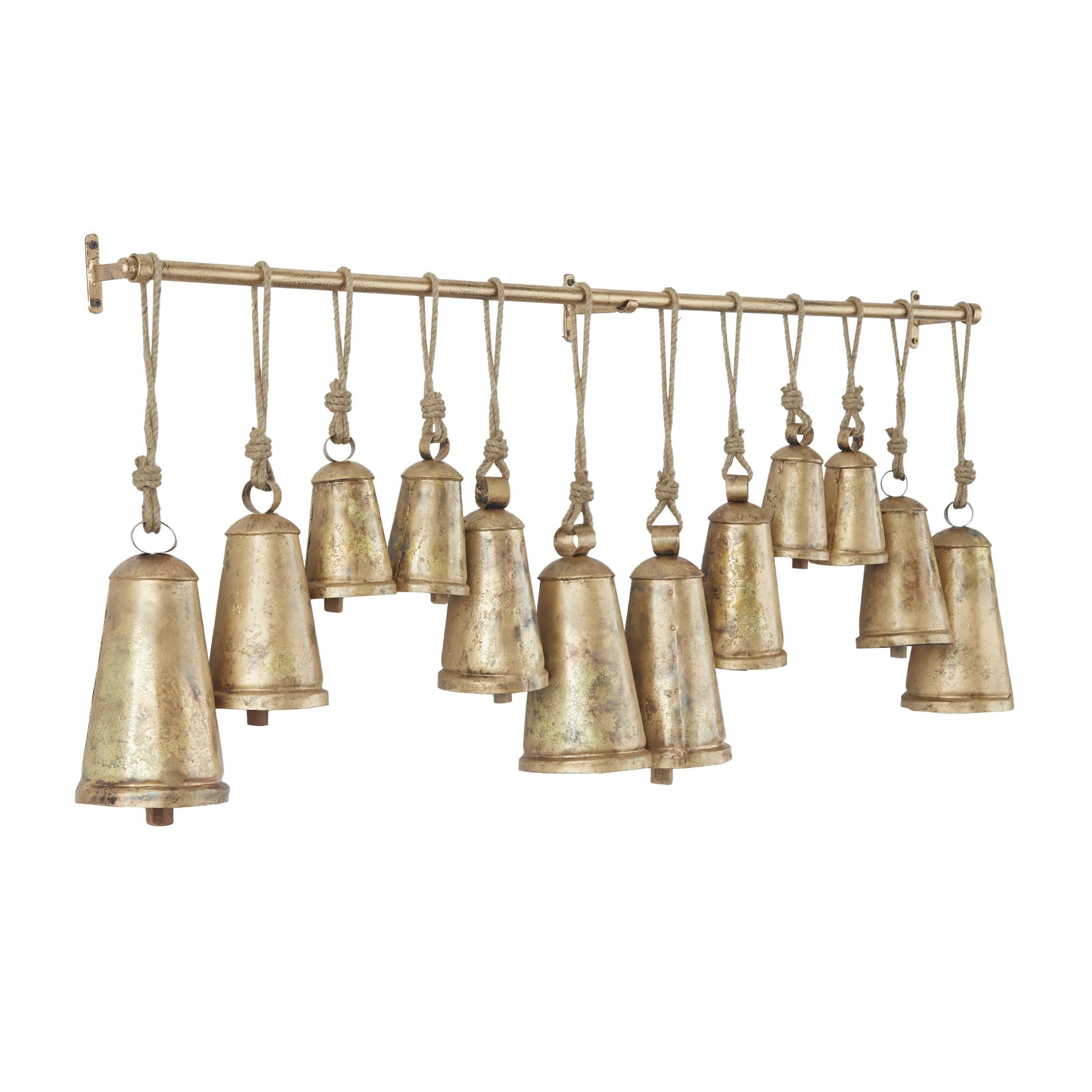 DecMode Tibetan Inspired Bronze Metal Conical Decorative Cow Bells with 12 Bells on Jute Hanging Rope and Metal Rod