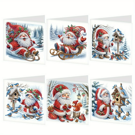 6 Pieces Diamond Art Painted Greeting Cards, Ski Santa Birdie Gift 5D DIY Special Shape Diamond Card Creative Gift, Christmas Thanksgiving Greeting Card Congratulation