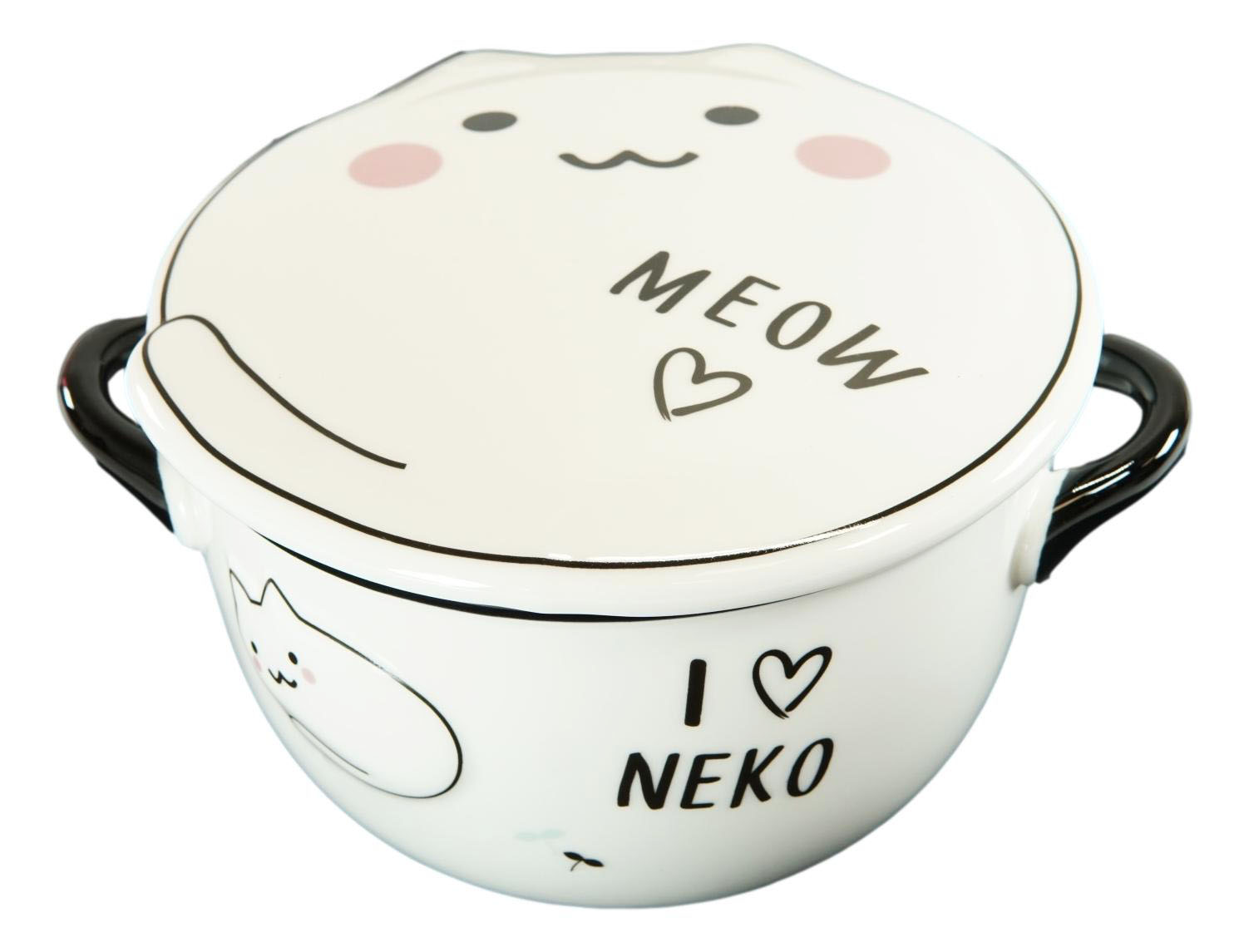 Ebros Pack Of 2 White Maneki Neko Lucky Cat Porcelain Kids Food Bowls W/Lid 25Oz